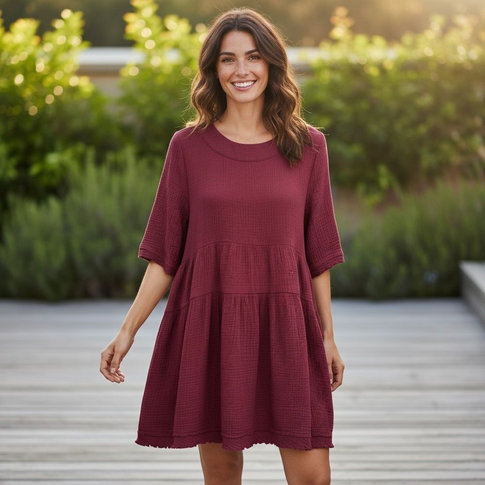 Newbury Kustom‎ Maroon Textured Gauze Tiered Shift Babydoll Mini Dress, Small